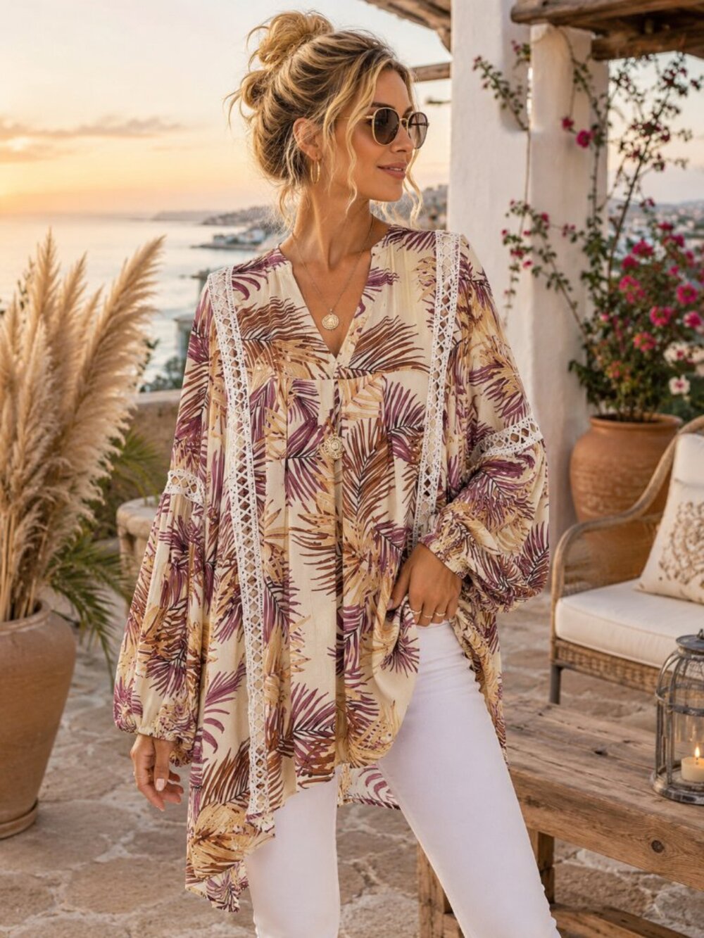 NWT ANDTHEWHY Palm Print Tunic L | Crochet Lace Boho Resort Top